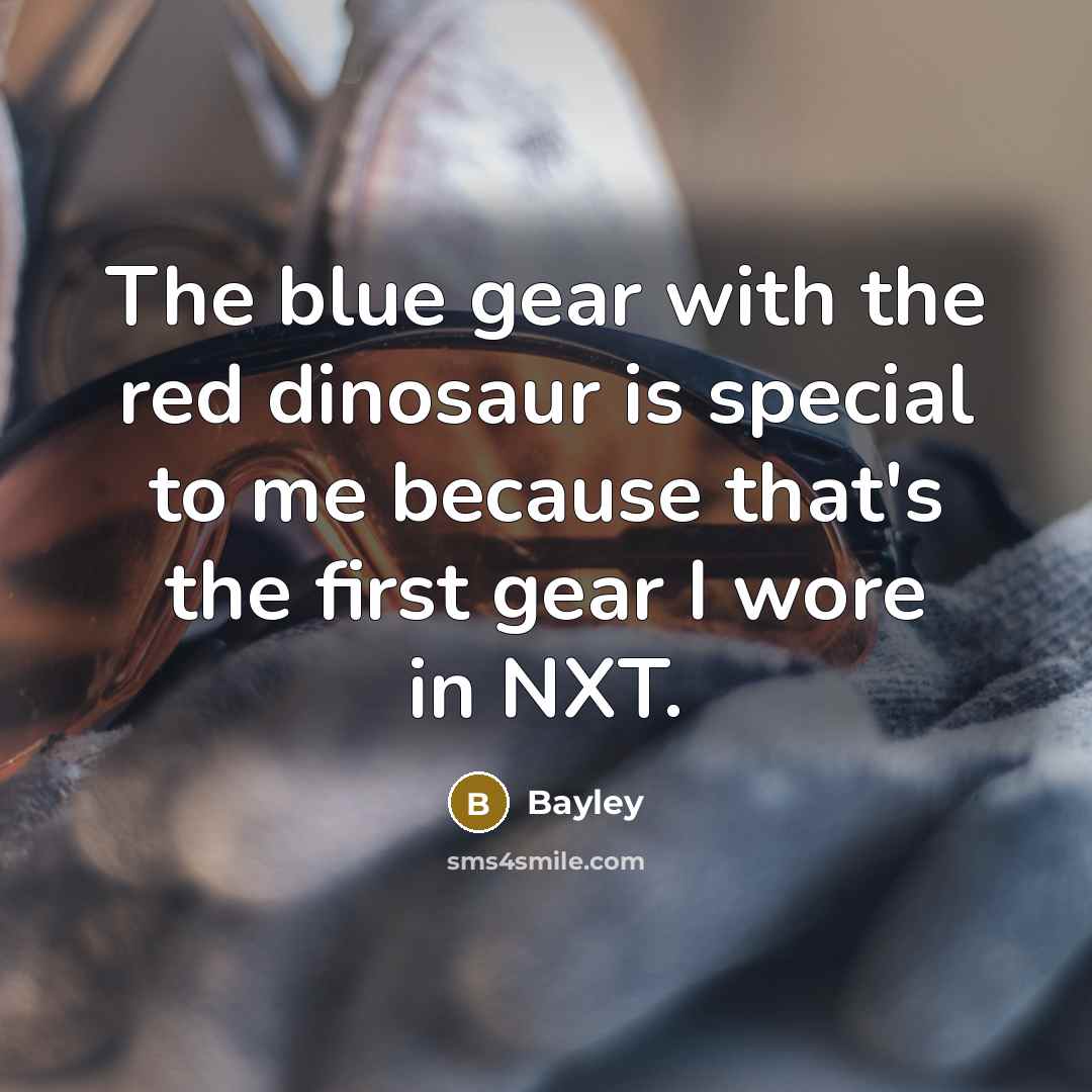 “The blue gear with the red dinosaur is special to…” quote by Bayley