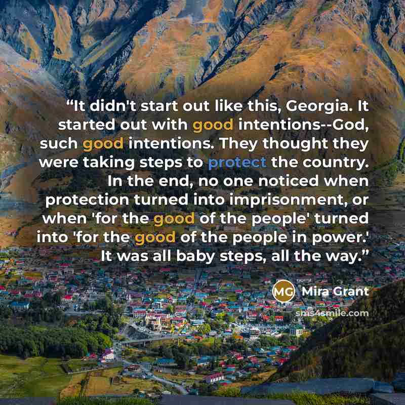 “It didn't start out like this, Georgia. It started out with good intentions--God, such good intentions. They thought they were taking steps to protect the country. In the end, no one noticed when protection turned into imprisonment, or when 'for the good of the people' turned into 'for the good of…” quote by Mira Grant