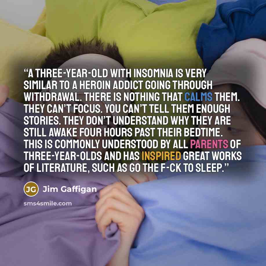 “A three-year-old with insomnia is very similar to a heroin addict going through withdrawal. There is nothing that calms them. They can’t focus. You can’t tell them enough stories. They don’t understand why they are still awake four hours past their bedtime. This is commonly understood by all…” quote by Jim Gaffigan