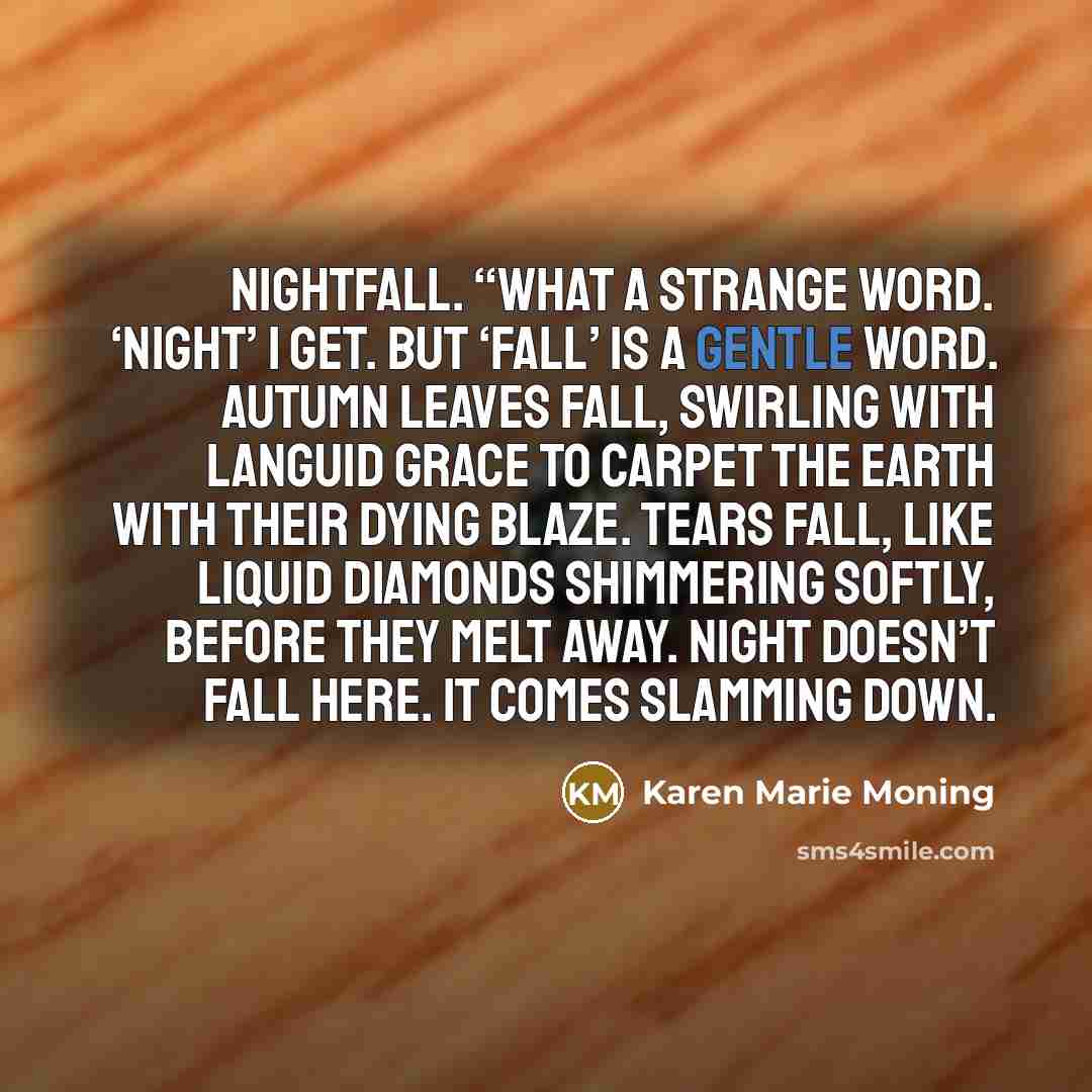 “Nightfall. “What a strange word. ‘Night’ I get. But ‘fall’…” quote by Karen Marie Moning