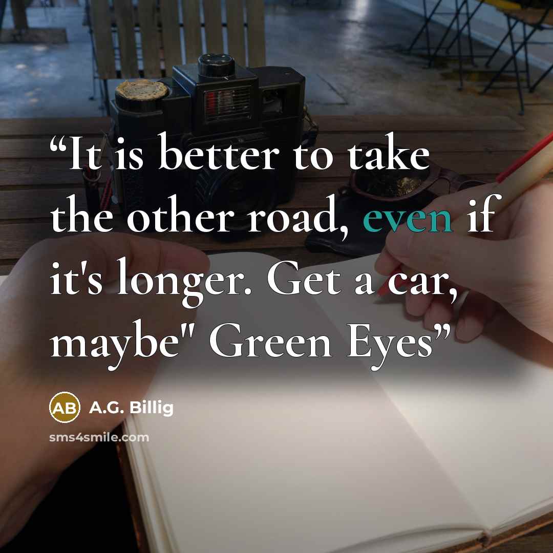 “It is better to take the other road, even if it's longer. Get a car, maybe" Green Eyes” quote by A.G. Billig