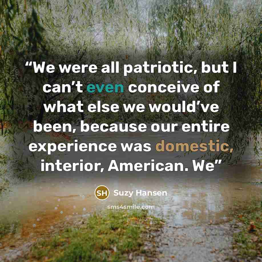 “We were all patriotic, but I can’t even conceive of what else we would’ve been, because our entire experience was domestic, interior, American. We” quote by Suzy Hansen