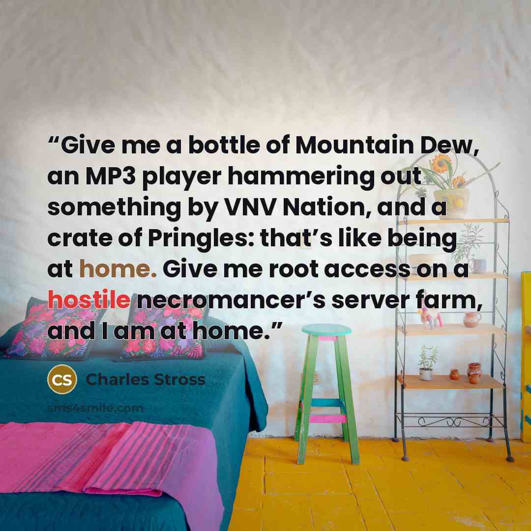 “Give me a bottle of Mountain Dew, an MP3 player hammering out something by VNV Nation, and a crate of Pringles: that’s like being at home. Give me root access on a hostile necromancer’s server farm, and I am at home.” quote by Charles Stross