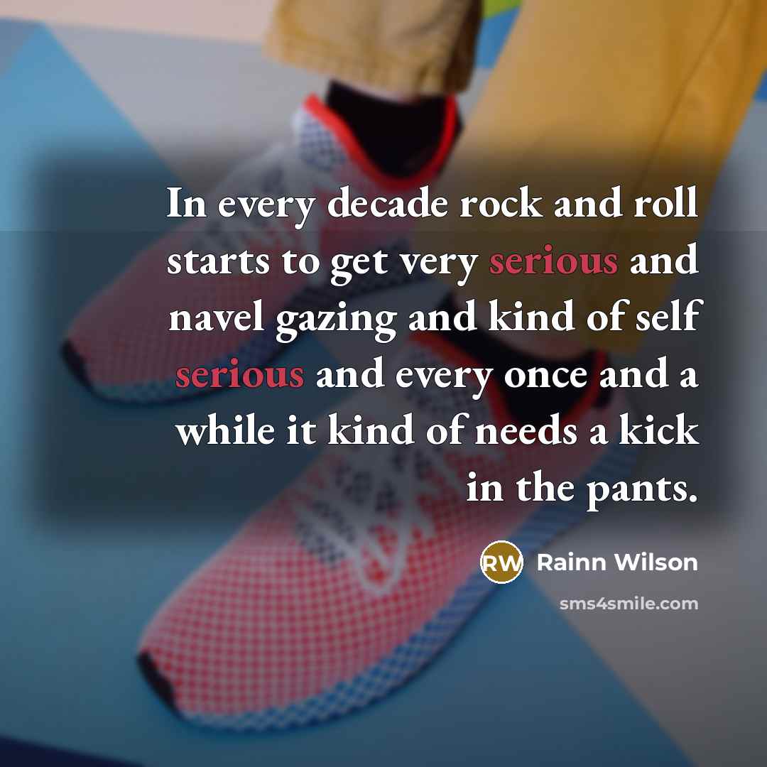 “In every decade rock and roll starts to get very serious and navel gazing and kind of self serious and every once and a while it kind of needs a kick in the pants.” quote by Rainn Wilson