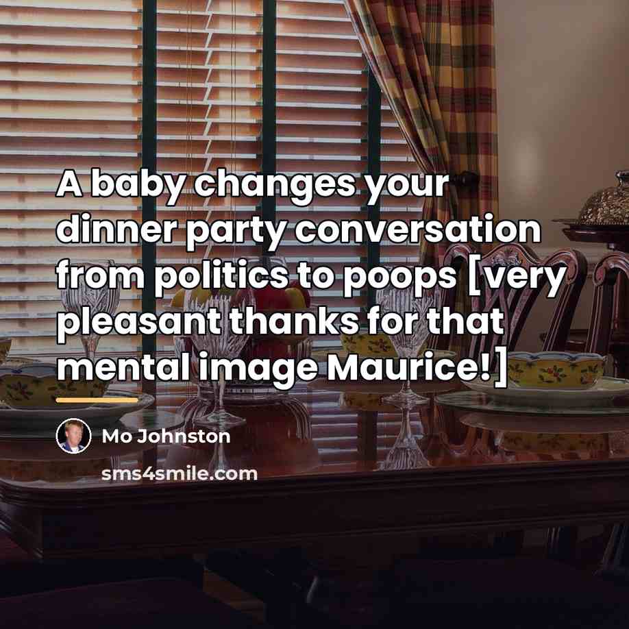 “A baby changes your dinner party conversation from politics to…” quote by Mo Johnston
