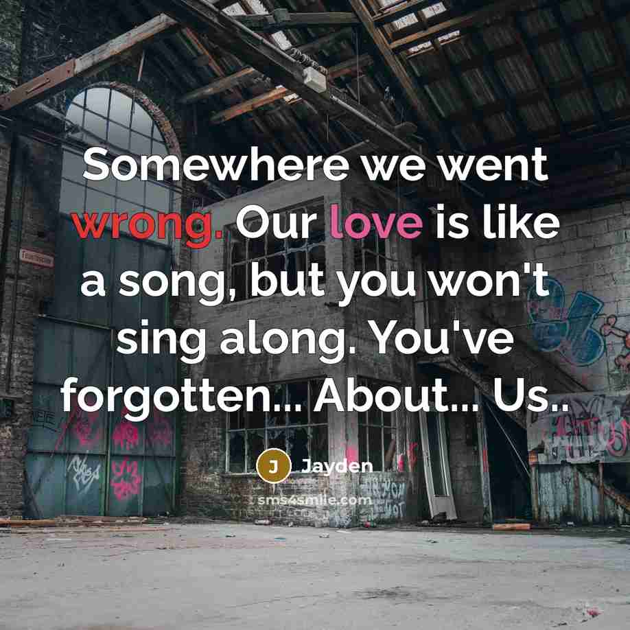 “Somewhere we went wrong. Our love is like a song, but you won't sing along. You've forgotten... About... Us..” quote by Jayden