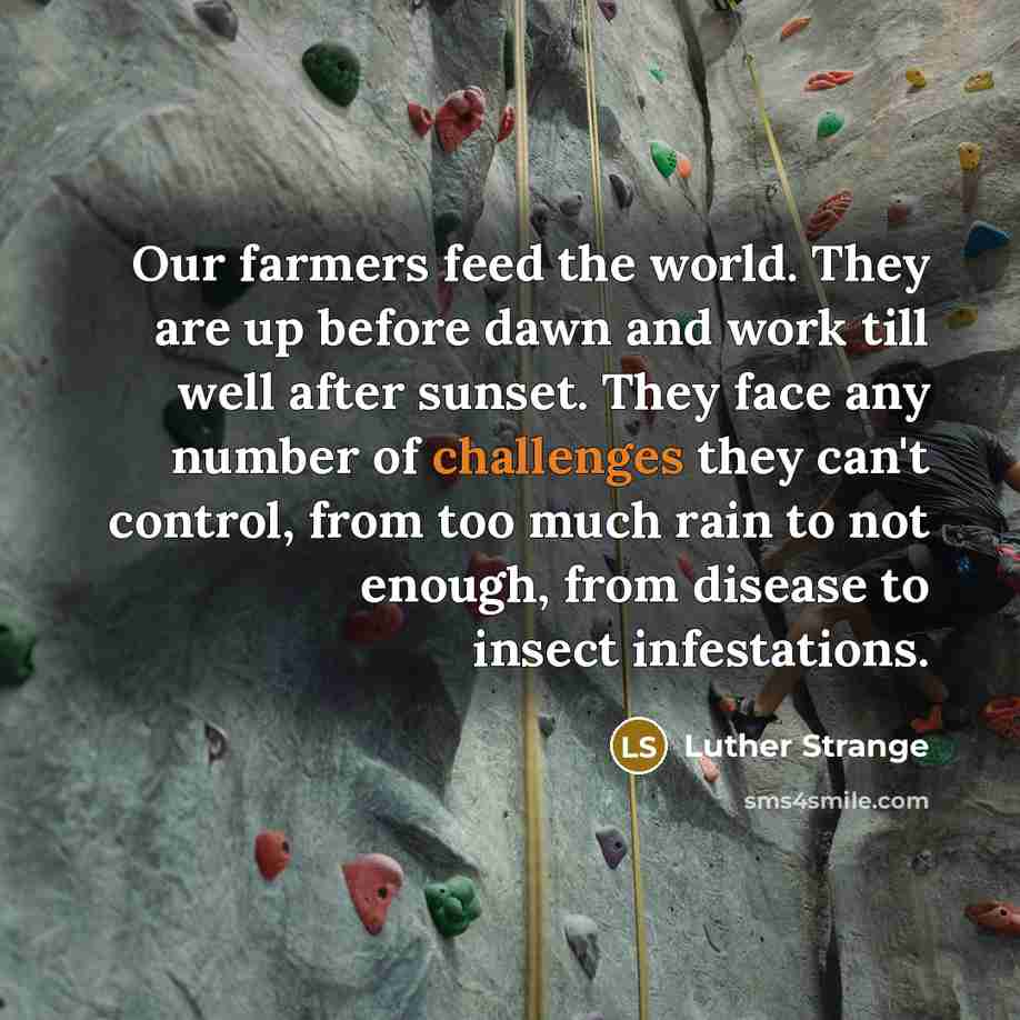 “Our farmers feed the world. They are up before dawn and work till well after sunset. They face any number of challenges they can't control, from too much rain to not enough, from disease to insect infestations.” quote by Luther Strange