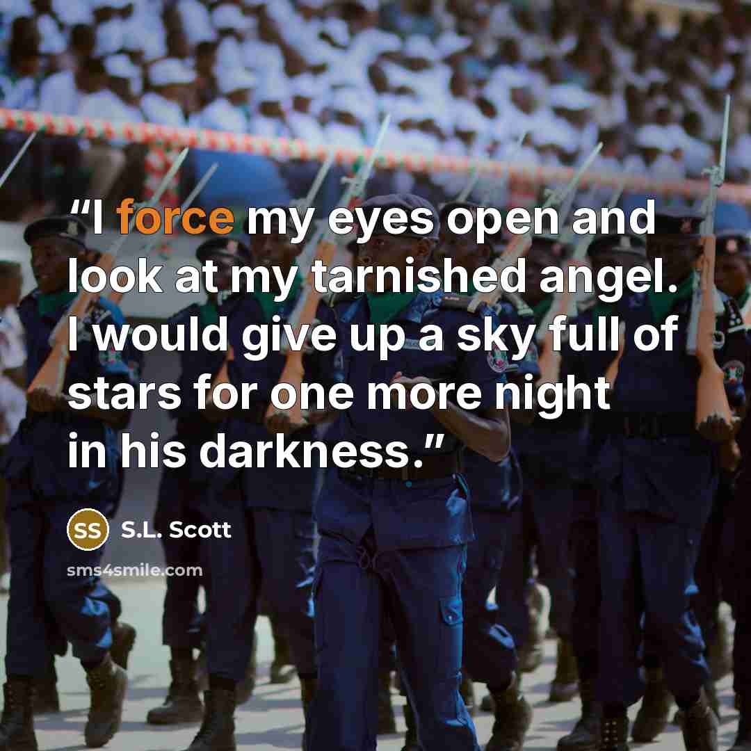 “I force my eyes open and look at my tarnished angel. I would give up a sky full of stars for one more night in his darkness.” quote by S.L. Scott