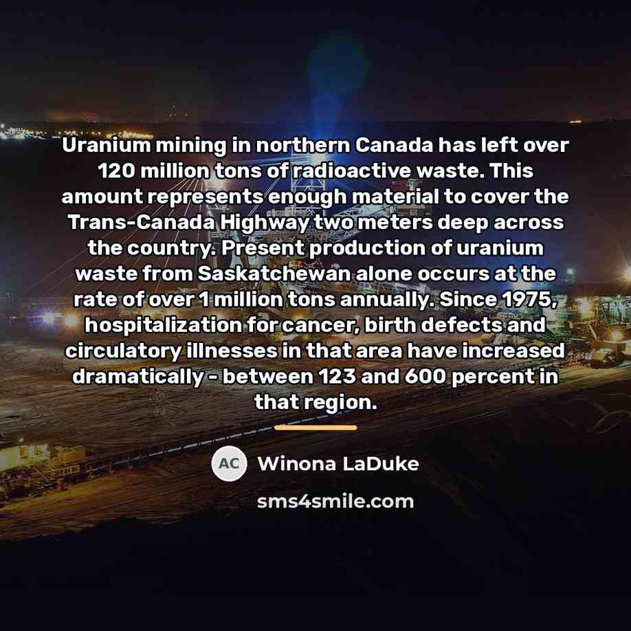 “Uranium mining in northern Canada has left over 120 million…” quote by Winona LaDuke