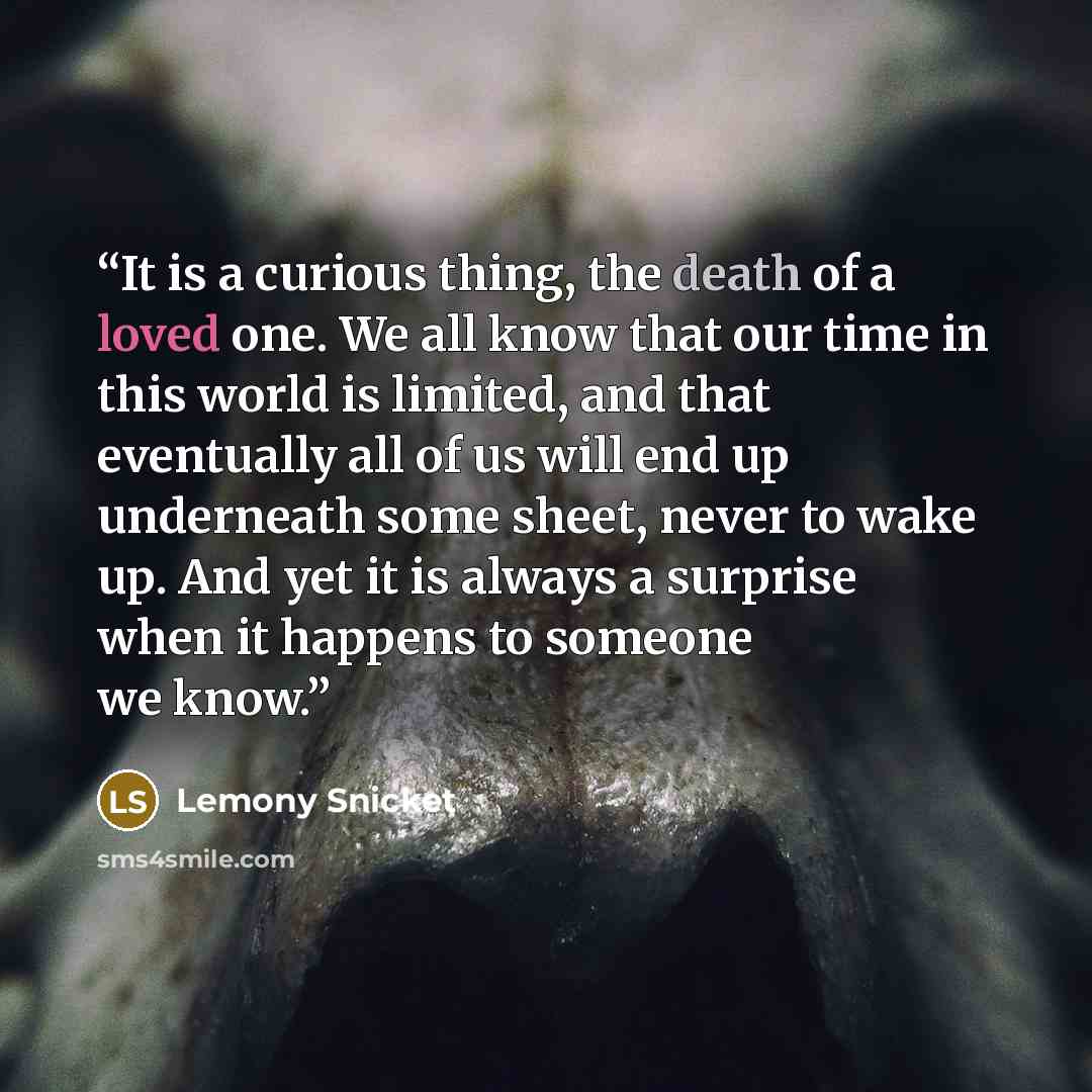 “It is a curious thing, the death of a loved one. We all know that our time in this world is limited, and that eventually all of us will end up underneath some sheet, never to wake up. And yet it is always a surprise when it happens to someone we know.” quote by Lemony Snicket