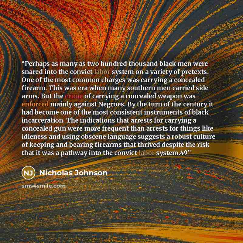 “Perhaps as many as two hundred thousand black men were snared into the convict labor system on a variety of pretexts. One of the most common charges was carrying a concealed firearm. This was era when many southern men carried side arms. But the crime of carrying a concealed weapon was enforced…” quote by Nicholas Johnson