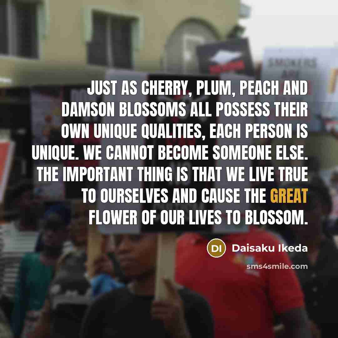 “Just as cherry, plum, peach and damson blossoms all possess…” quote by Daisaku Ikeda