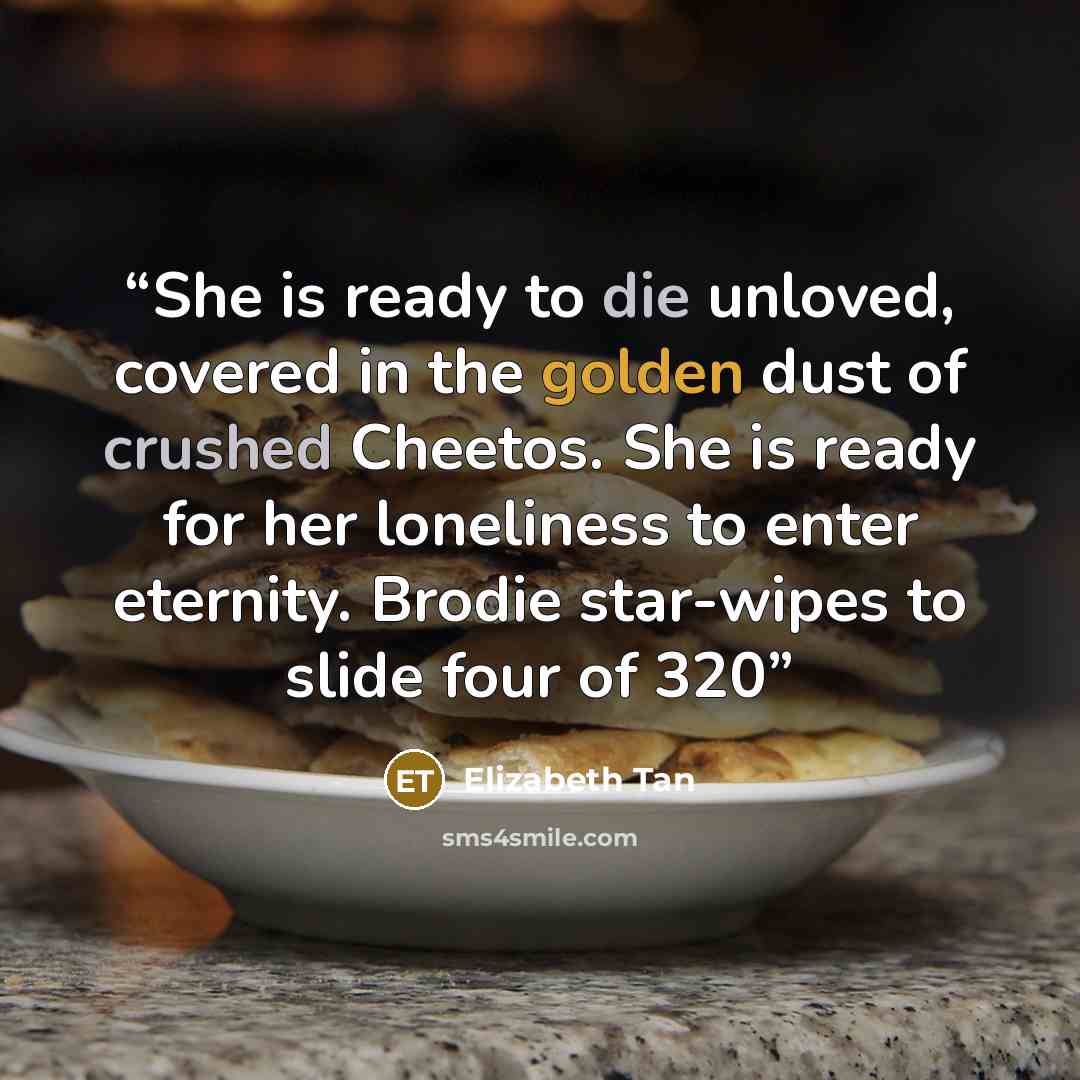 “She is ready to die unloved, covered in the golden dust of crushed Cheetos. She is ready for her loneliness to enter eternity. Brodie star-wipes to slide four of 320” quote by Elizabeth Tan