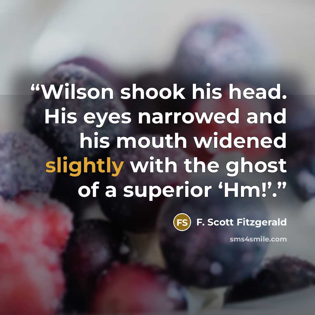 “Wilson shook his head. His eyes narrowed and his mouth widened slightly with the ghost of a superior ‘Hm!’.” quote by F. Scott Fitzgerald
