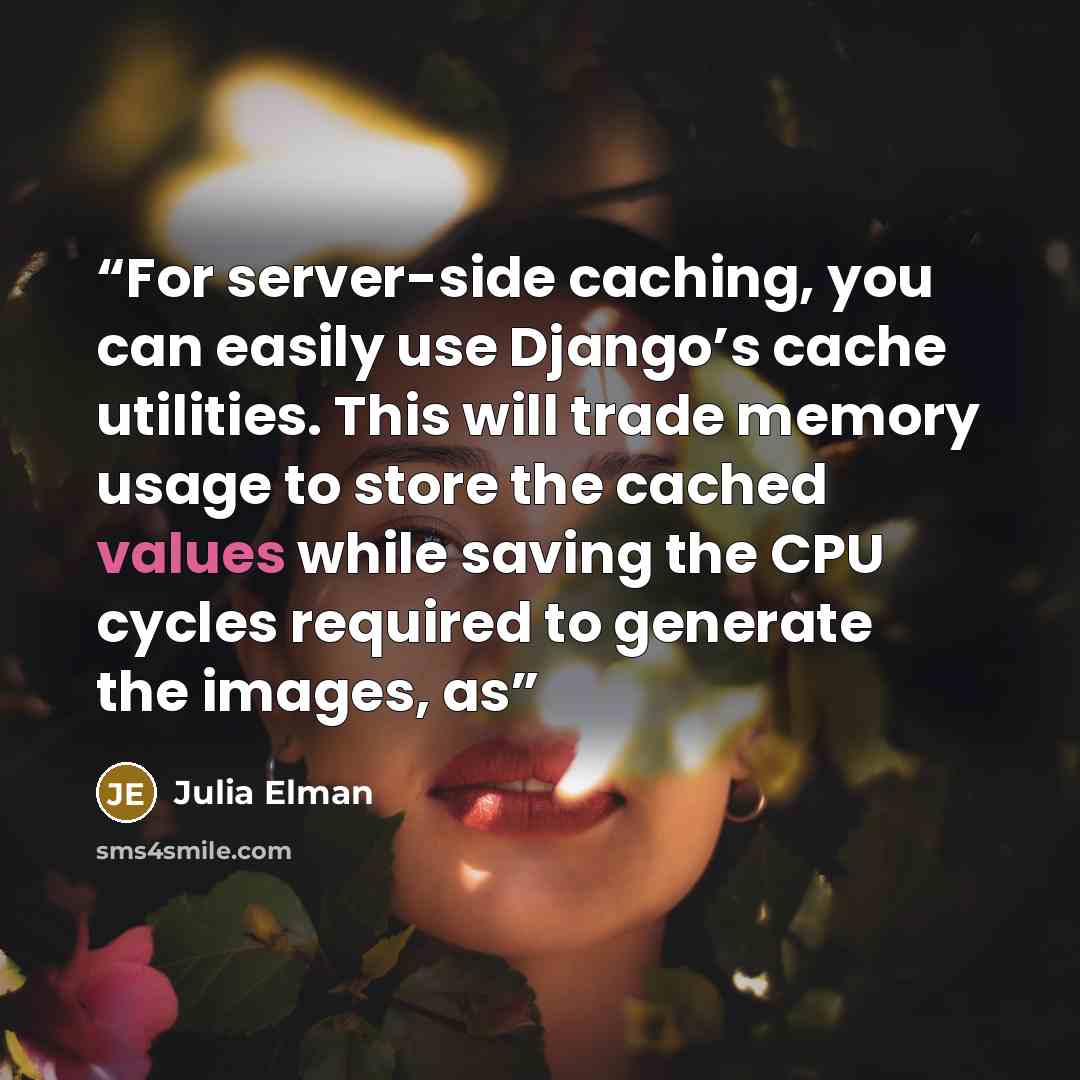 “For server-side caching, you can easily use Django’s cache utilities. This will trade memory usage to store the cached values while saving the CPU cycles required to generate the images, as” quote by Julia Elman