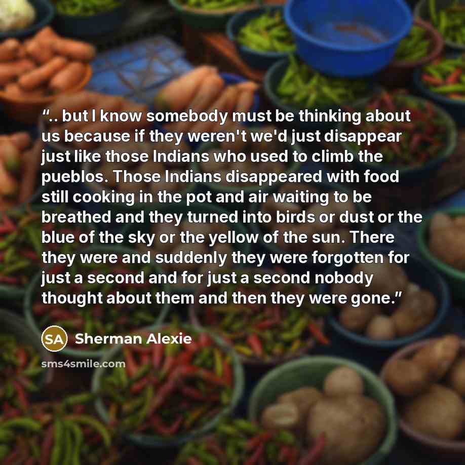 “.. but I know somebody must be thinking about us because if they weren't we'd just disappear just like those Indians who used to climb the pueblos. Those Indians disappeared with food still cooking in the pot and air waiting to be breathed and they turned into birds or dust or the blue of the sky…” quote by Sherman Alexie
