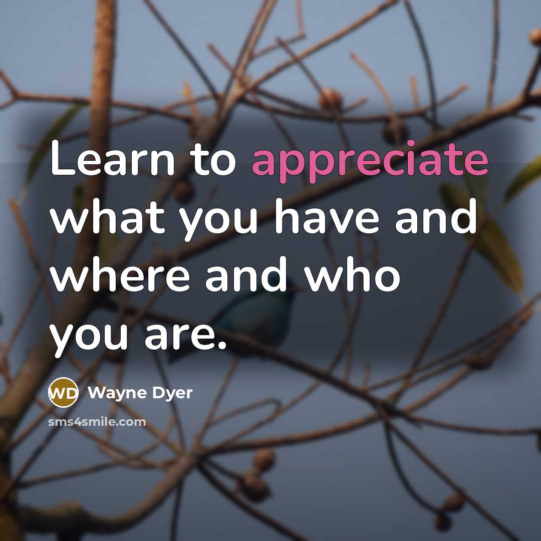 “Learn to appreciate what you have and where and who…” quote by Wayne Dyer