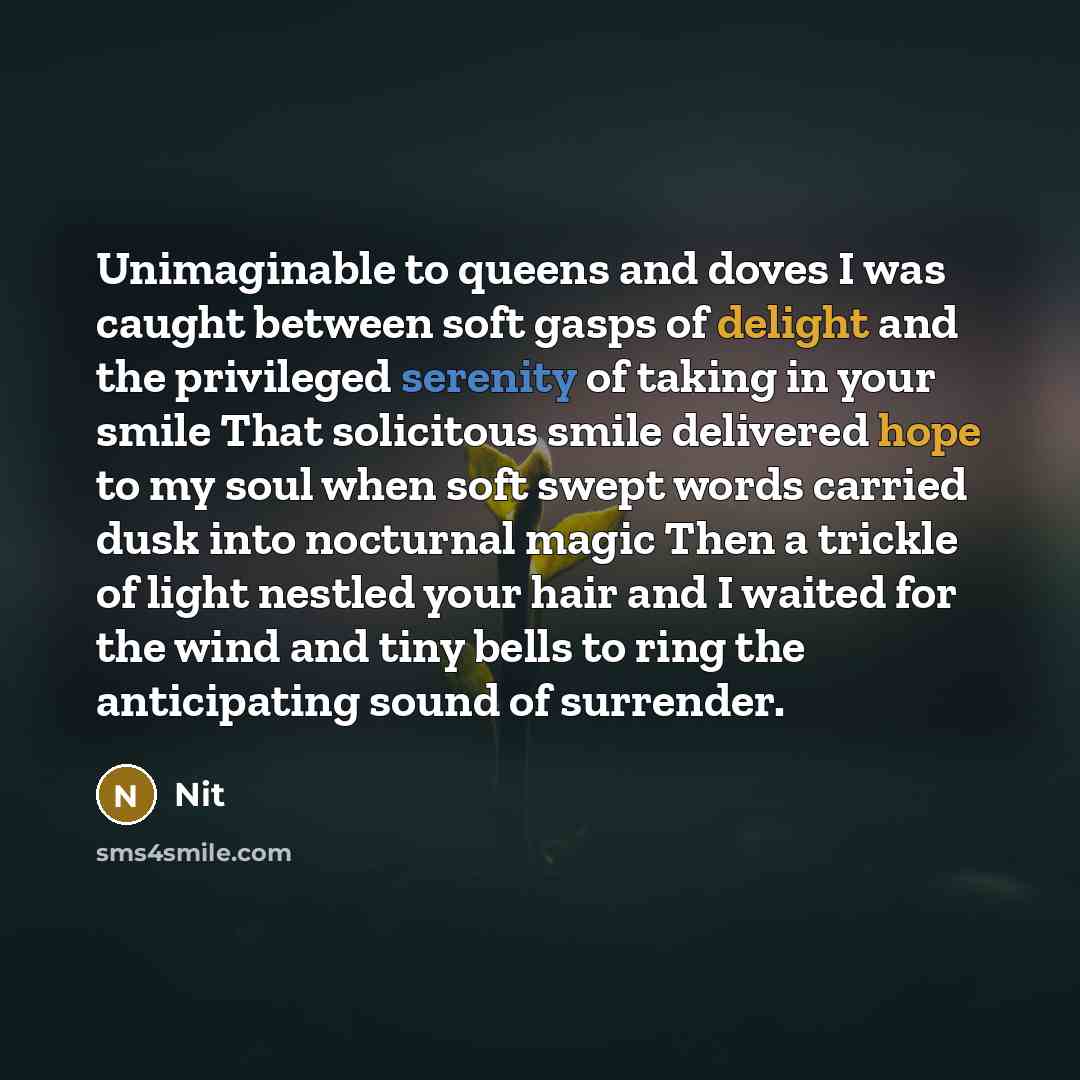 “Unimaginable to queens and doves I was caught between soft gasps of delight and the privileged serenity of taking in your smile That solicitous smile delivered hope to my soul when soft swept words carried dusk into nocturnal magic Then a trickle of light nestled your hair and I waited for the…” quote by Nit