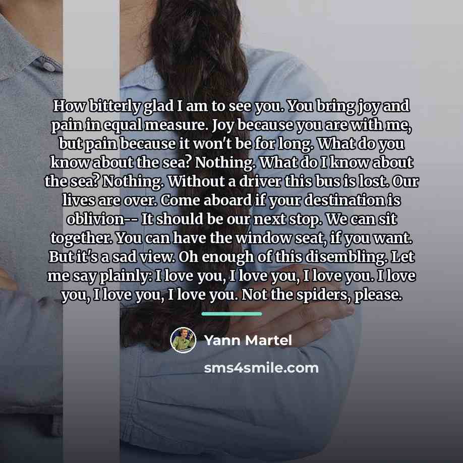 “How bitterly glad I am to see you. You bring…” quote by Yann Martel