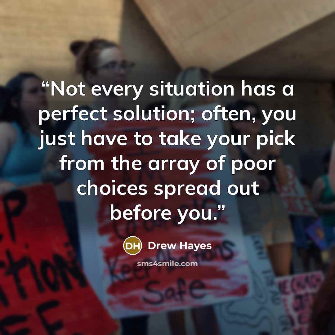 “Not every situation has a perfect solution; often, you just have to take your pick from the array of poor choices spread out before you.” quote by Drew Hayes