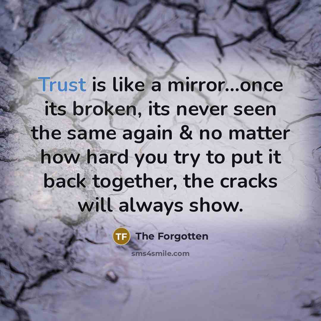 “Trust is like a mirror...once its broken, its never seen the same again & no matter how hard you try to put it back together, the cracks will always show.” quote by The Forgotten