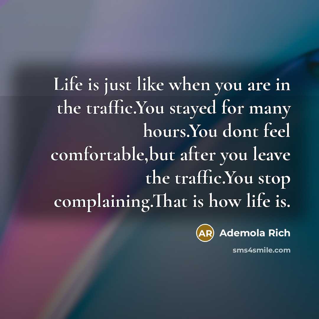 “Life is just like when you are in the traffic.You stayed for many hours.You dont feel comfortable,but after you leave the traffic.You stop complaining.That is how life is.” quote by Ademola Rich