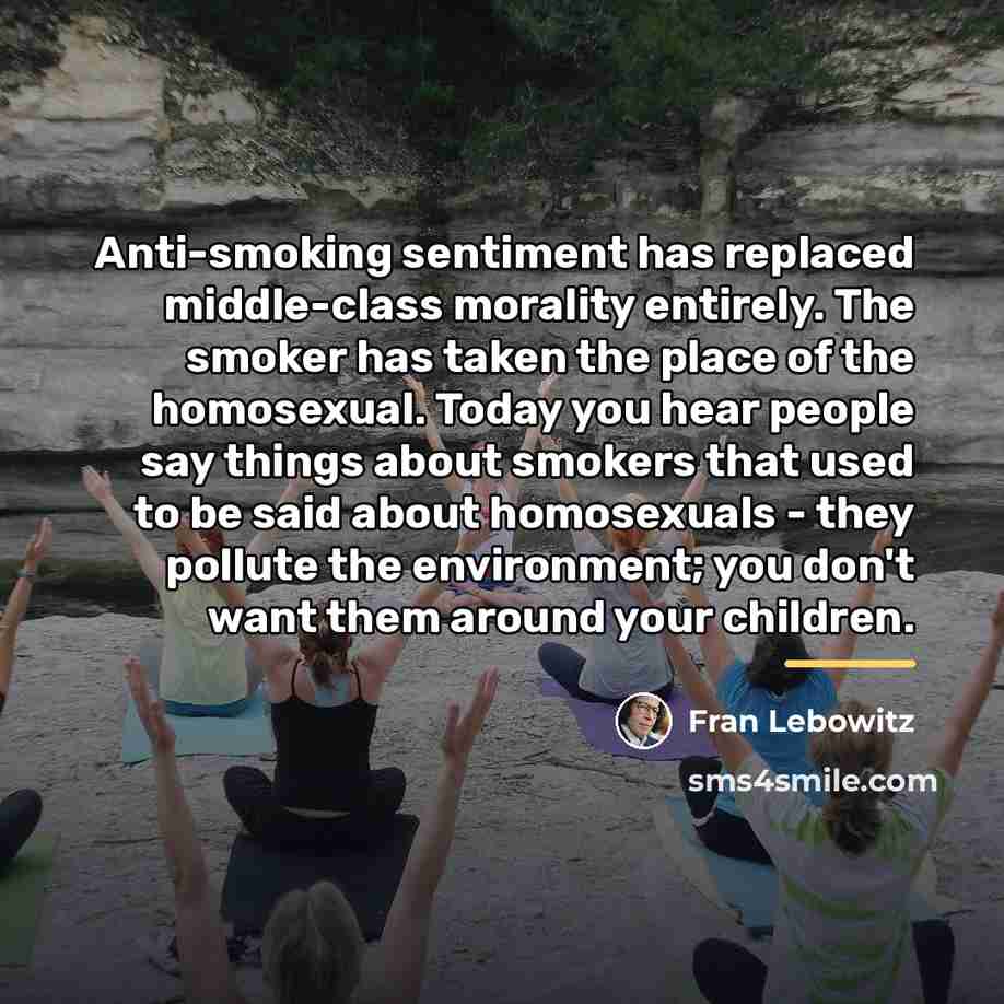 “Anti-smoking sentiment has replaced middle-class morality entirely. The smoker has…” quote by Fran Lebowitz