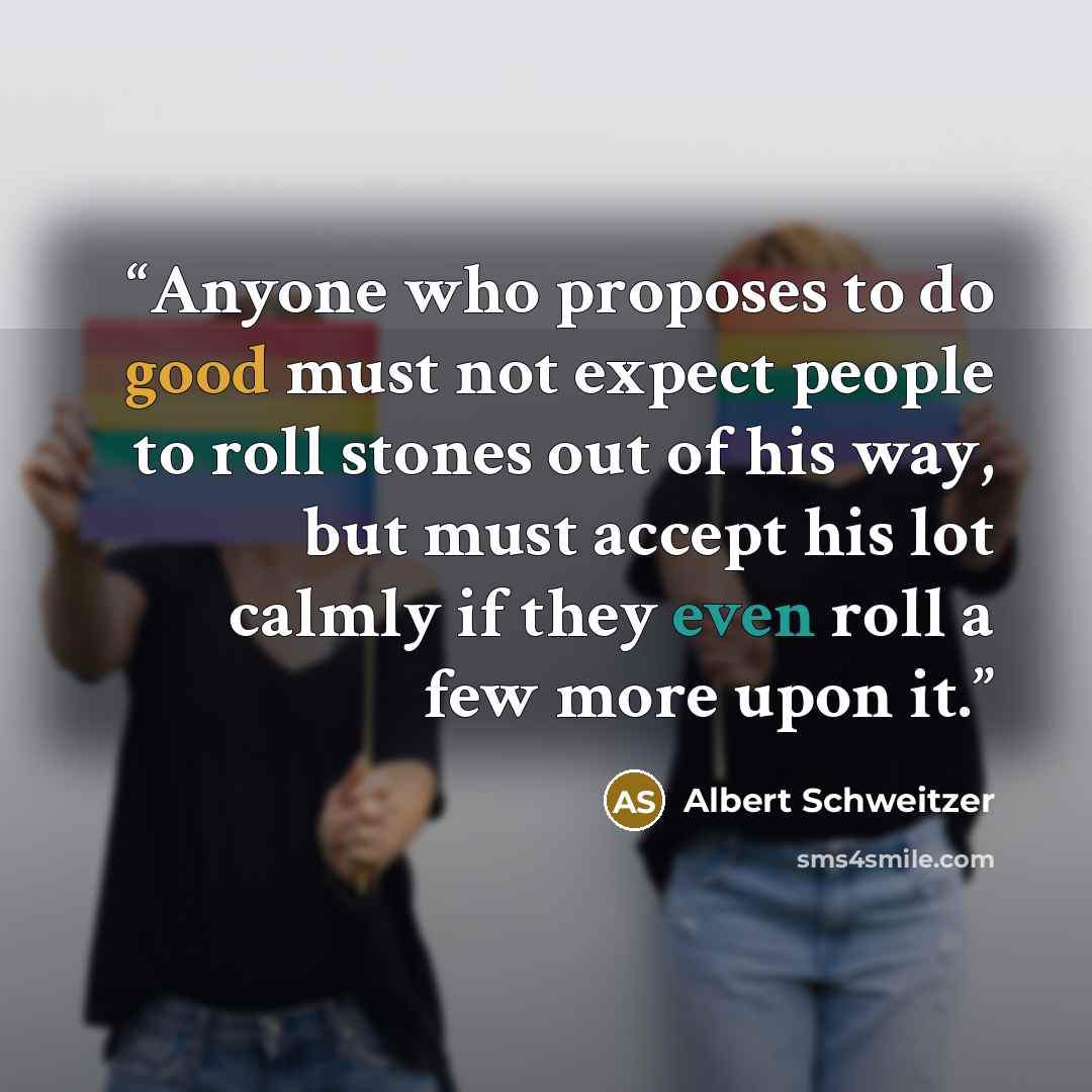 “Anyone who proposes to do good must not expect people to roll stones out of his way, but must accept his lot calmly if they even roll a few more upon it.” quote by Albert Schweitzer