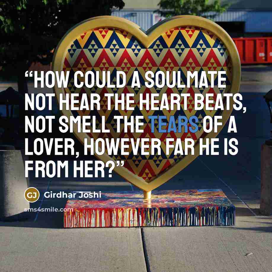 “How could a soulmate not hear the heart beats, not smell the tears of a lover, however far he is from her?” quote by Girdhar Joshi