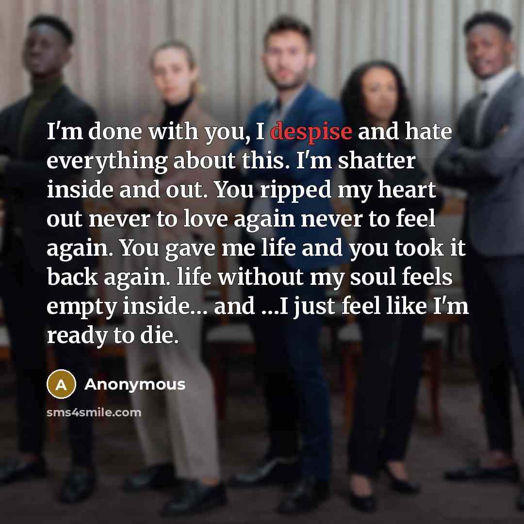 “I'm done with you, I despise and hate everything about…” quote by Anonymous