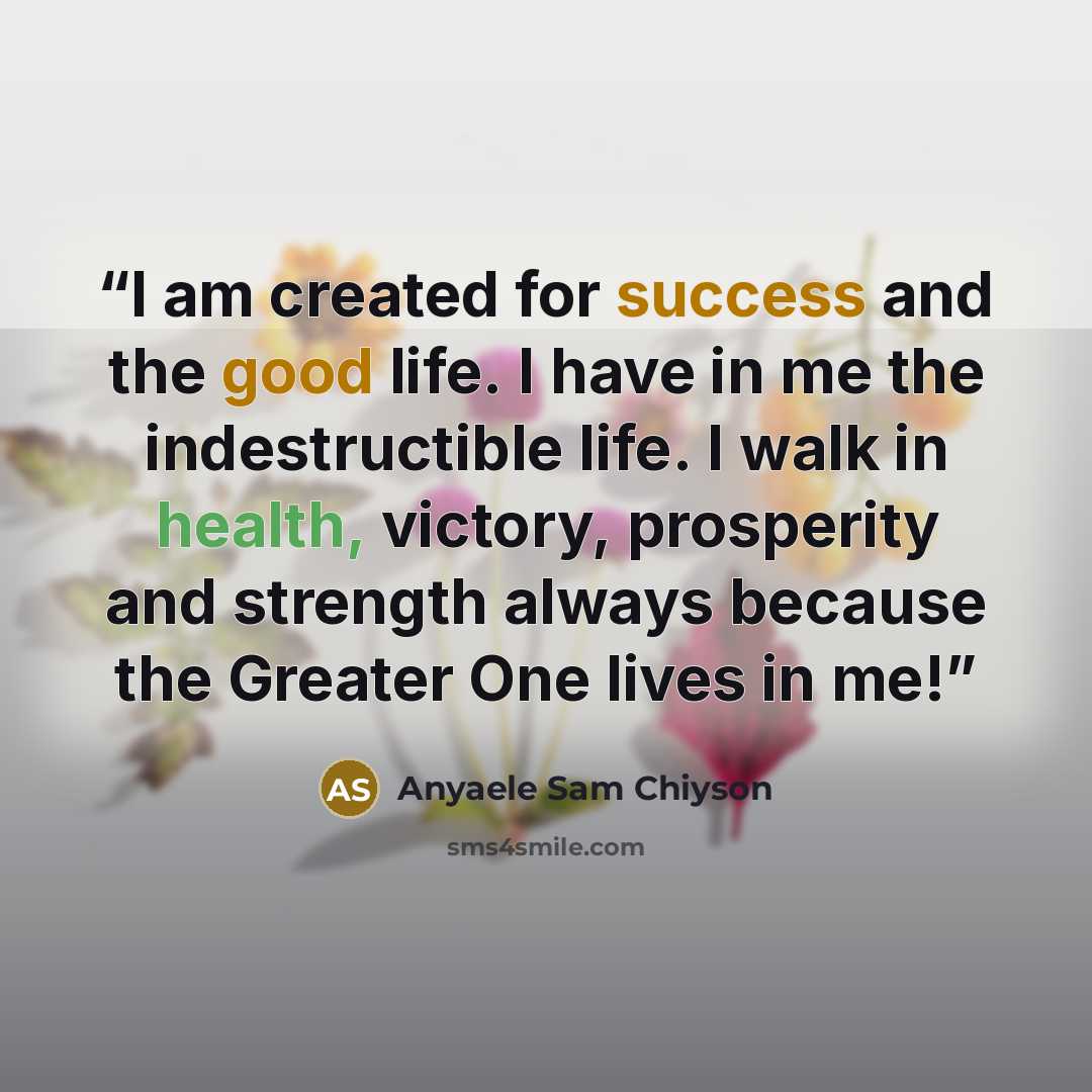 “I am created for success and the good life. I have in me the indestructible life. I walk in health, victory, prosperity and strength always because the Greater One lives in me!” quote by Anyaele Sam Chiyson
