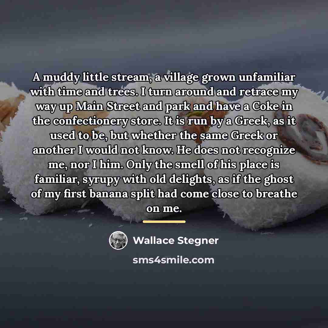 “A muddy little stream, a village grown unfamiliar with time…” quote by Wallace Stegner