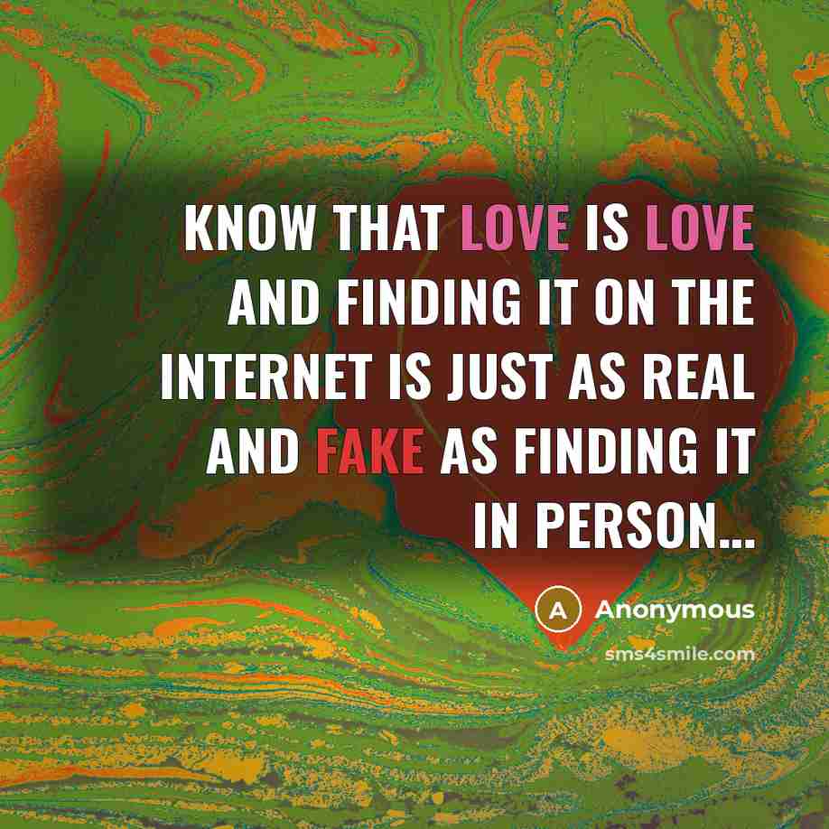 “Know that love is love and finding it on the Internet is just as real and fake as finding it in person…” quote by Anonymous