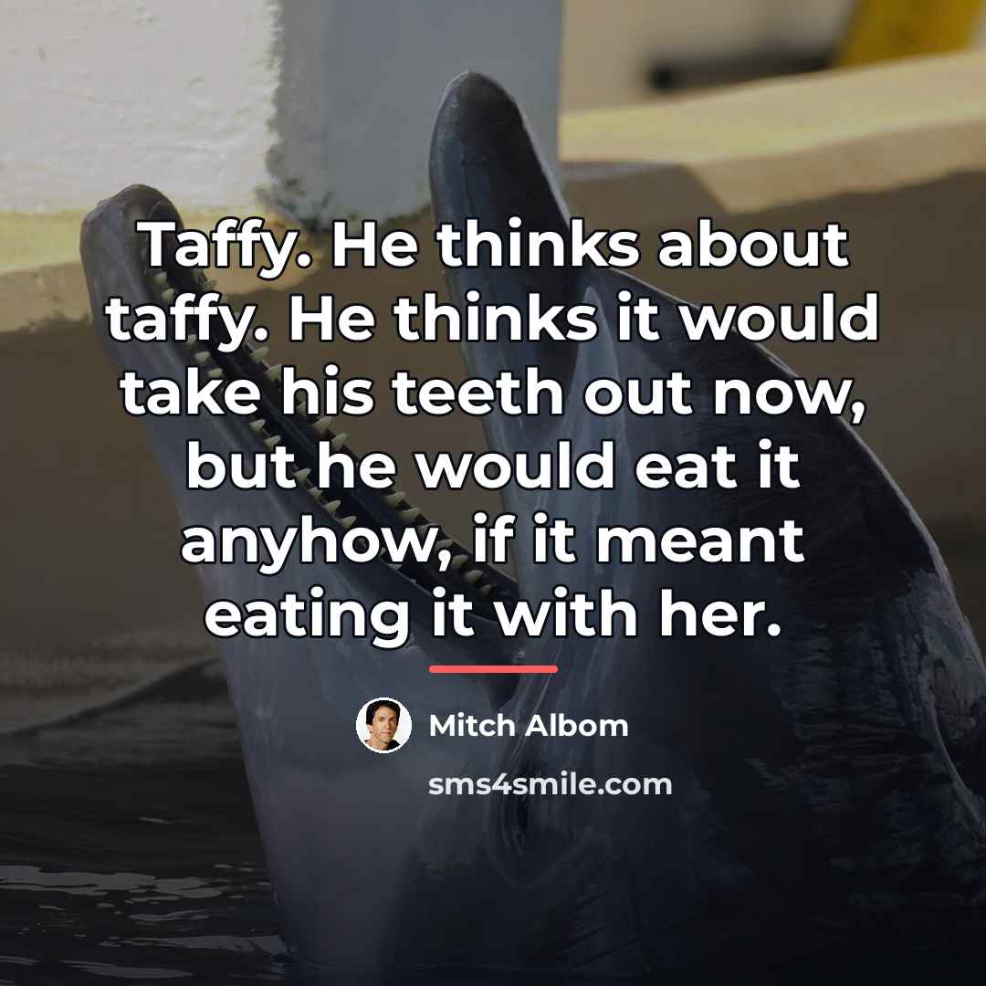 “Taffy. He thinks about taffy. He thinks it would take…” quote by Mitch Albom