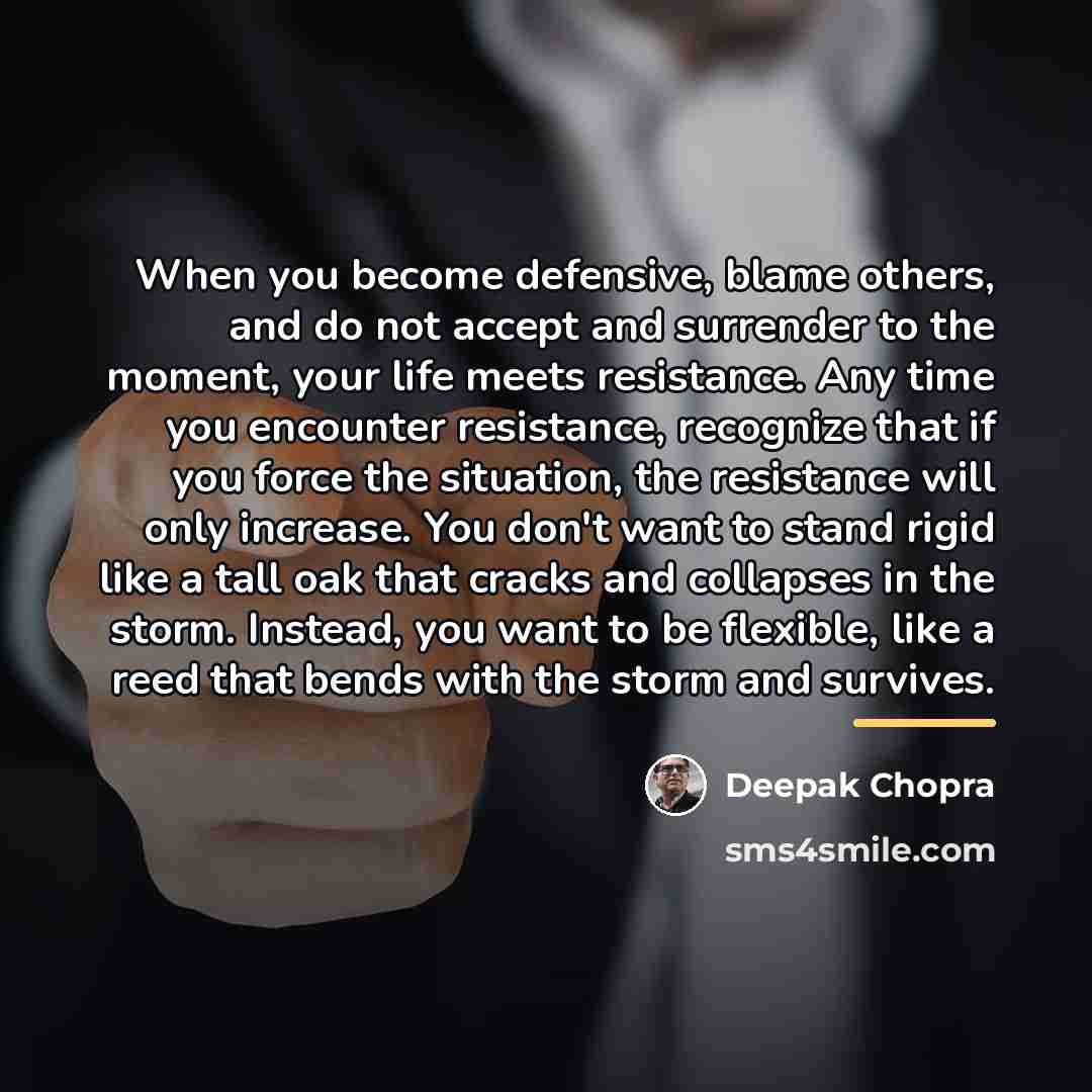 “When you become defensive, blame others, and do not accept…” quote by Deepak Chopra