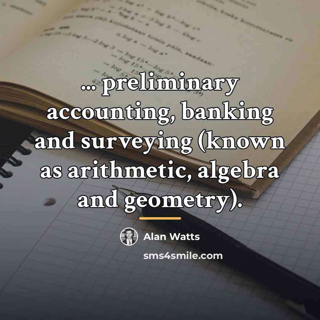 “... preliminary accounting, banking and surveying (known as arithmetic, algebra…” quote by Alan Watts