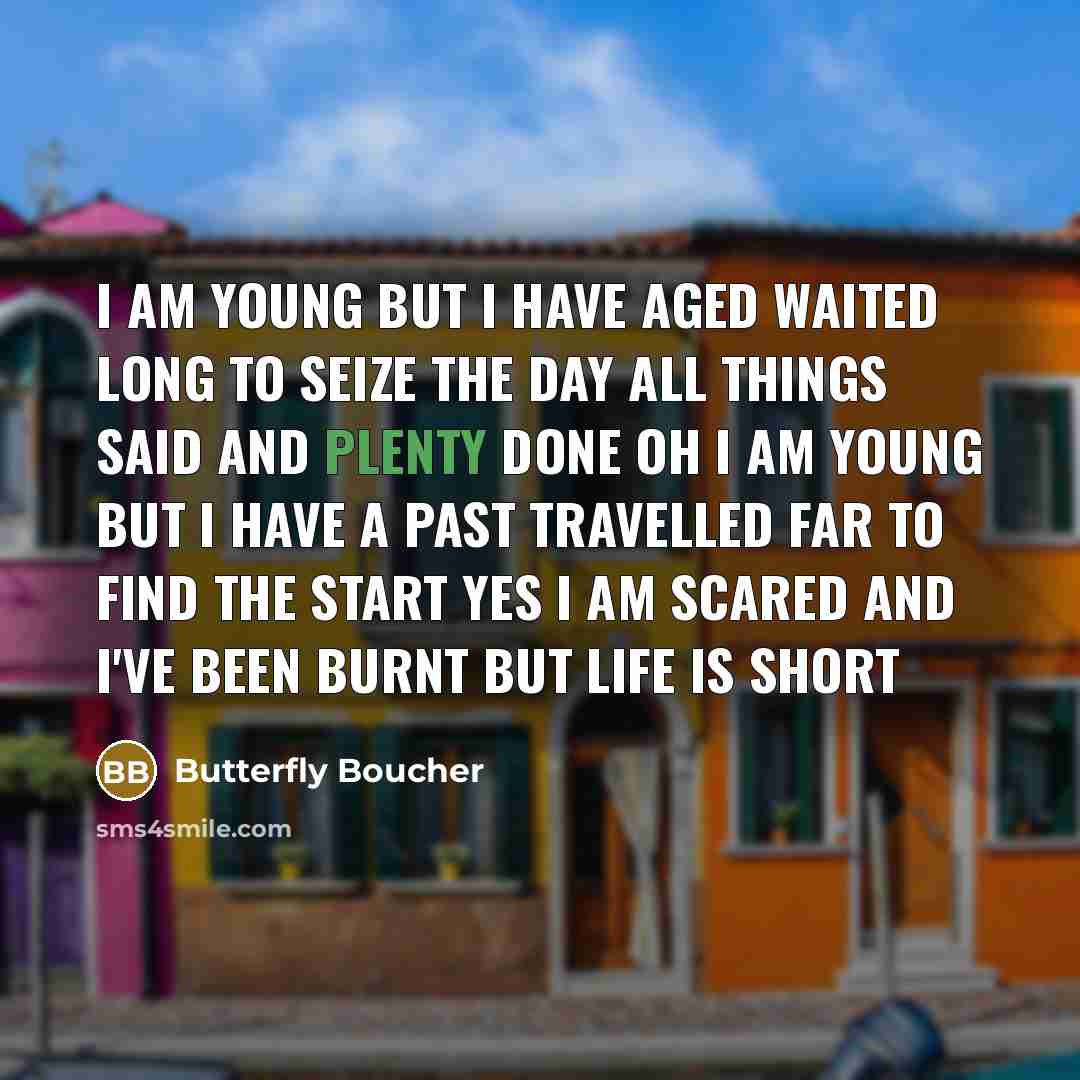 “I am young but I have aged Waited long to seize the day All things said and plenty done Oh I am young but I have a past Travelled far to find the start Yes I am scared and I've been burnt But life is short” quote by Butterfly Boucher