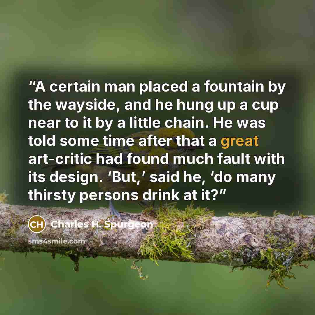 “A certain man placed a fountain by the wayside, and he hung up a cup near to it by a little chain. He was told some time after that a great art-critic had found much fault with its design. ‘But,’ said he, ‘do many thirsty persons drink at it?” quote by Charles H. Spurgeon