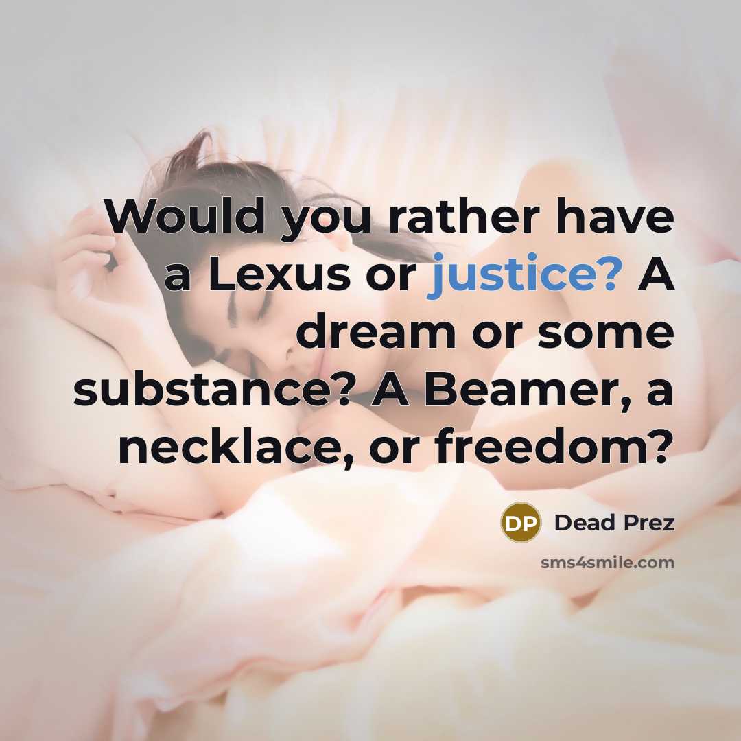“Would you rather have a Lexus or justice? A dream or some substance? A Beamer, a necklace, or freedom?” quote by Dead Prez