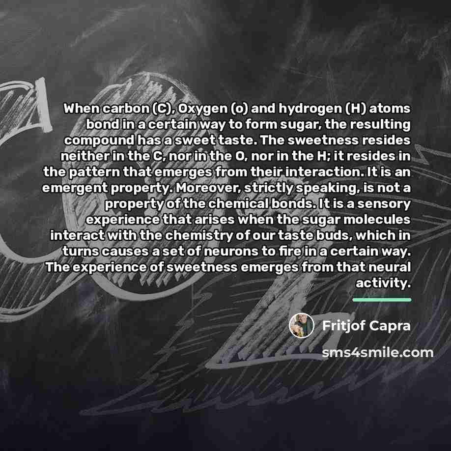 “When carbon (C), Oxygen (o) and hydrogen (H) atoms bond…” quote by Fritjof Capra