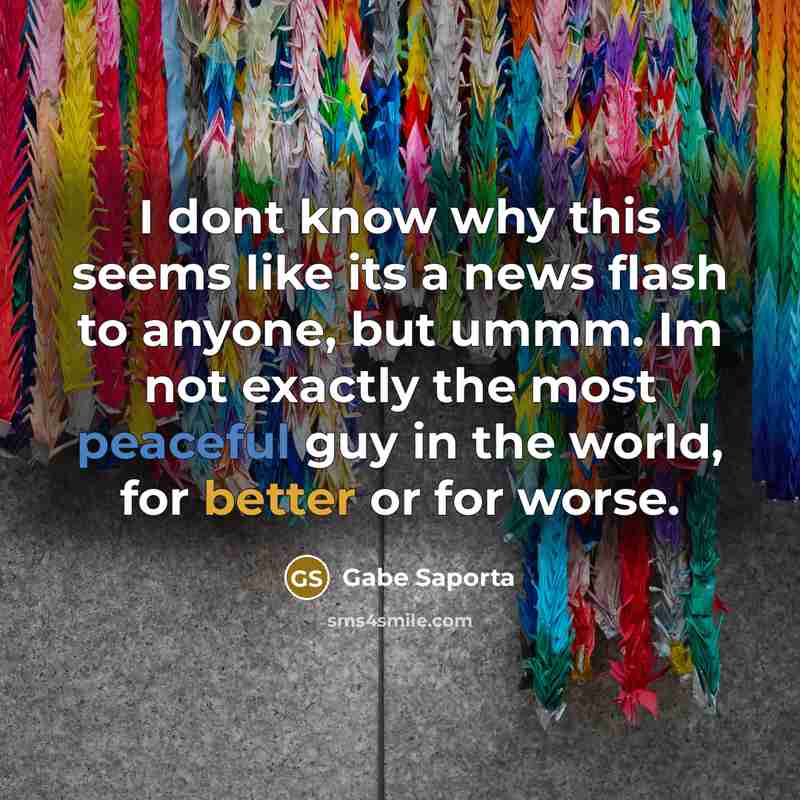 “I dont know why this seems like its a news flash to anyone, but ummm. Im not exactly the most peaceful guy in the world, for better or for worse.” quote by Gabe Saporta