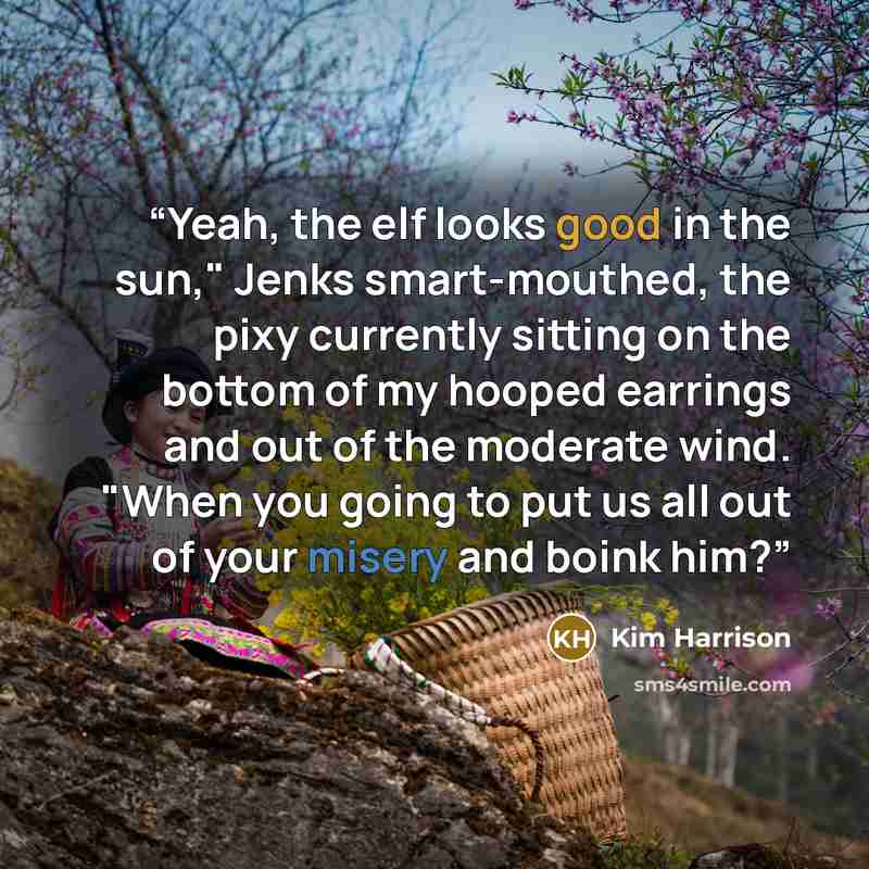 “Yeah, the elf looks good in the sun," Jenks smart-mouthed, the pixy currently sitting on the bottom of my hooped earrings and out of the moderate wind. "When you going to put us all out of your misery and boink him?” quote by Kim Harrison