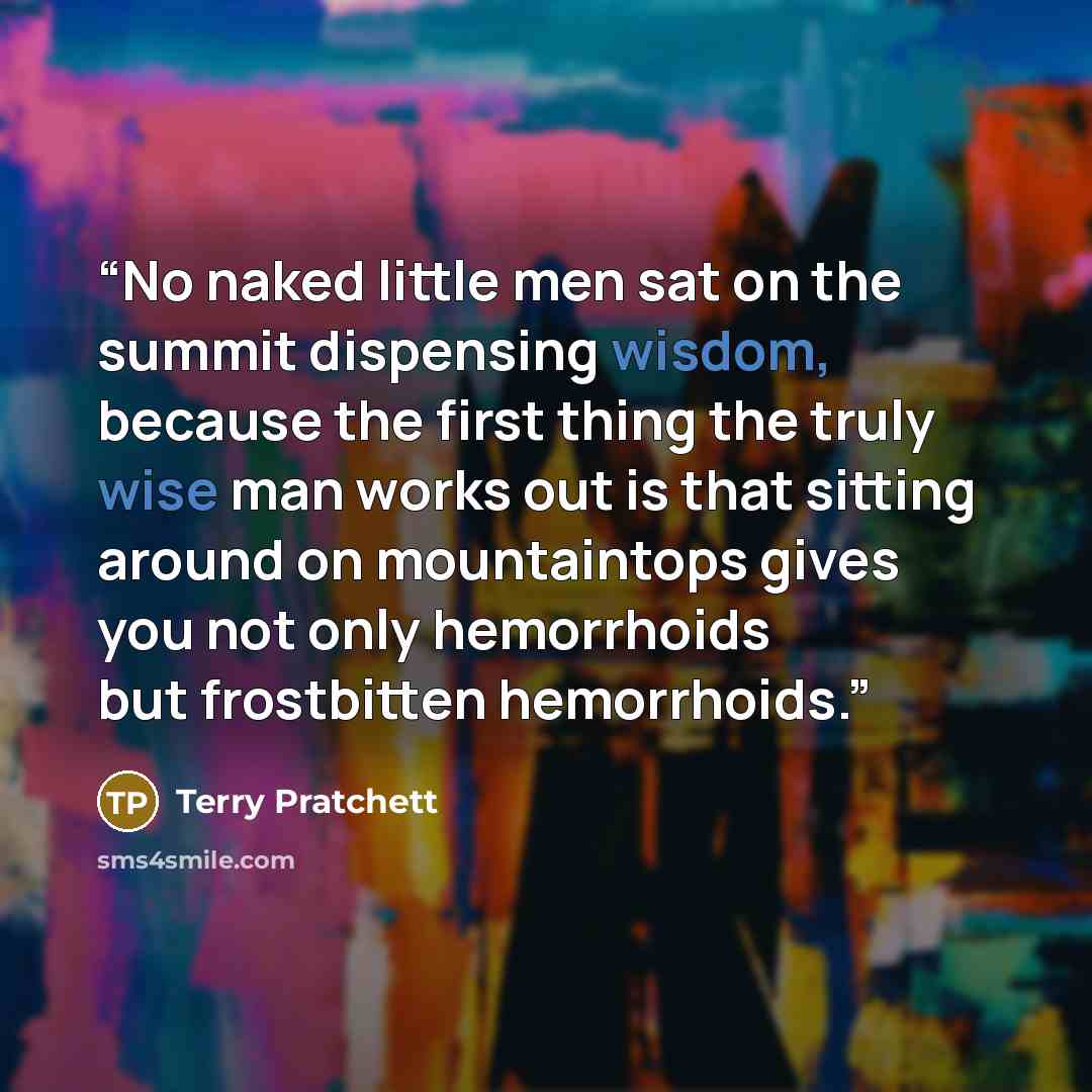 “No naked little men sat on the summit dispensing wisdom, because the first thing the truly wise man works out is that sitting around on mountaintops gives you not only hemorrhoids but frostbitten hemorrhoids.” quote by Terry Pratchett