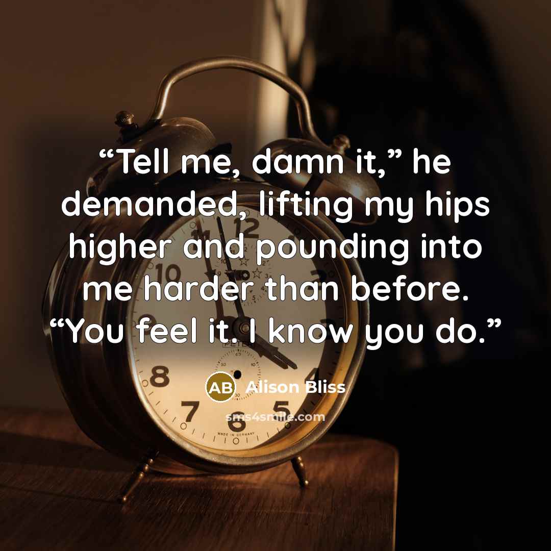 “Tell me, damn it,” he demanded, lifting my hips higher and pounding into me harder than before. “You feel it. I know you do.” quote by Alison Bliss