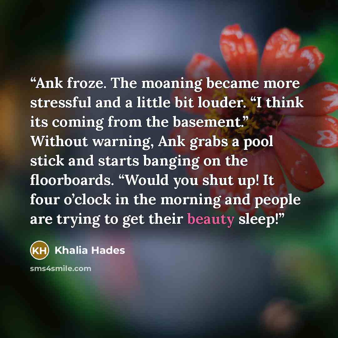 “Ank froze. The moaning became more stressful and a little bit louder. “I think its coming from the basement.” Without warning, Ank grabs a pool stick and starts banging on the floorboards. “Would you shut up! It four o’clock in the morning and people are trying to get their beauty sleep!” quote by Khalia Hades