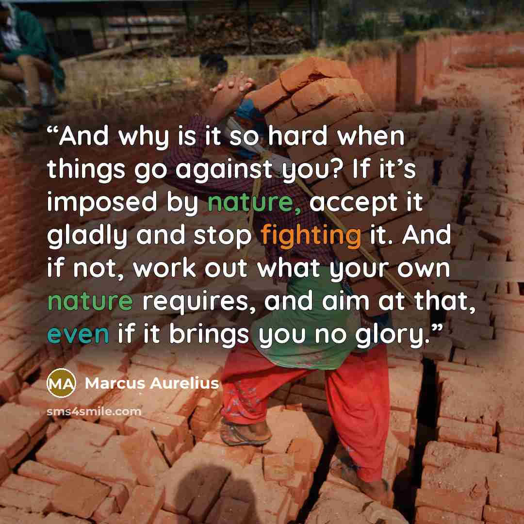 “And why is it so hard when things go against you? If it’s imposed by nature, accept it gladly and stop fighting it. And if not, work out what your own nature requires, and aim at that, even if it brings you no glory.” quote by Marcus Aurelius