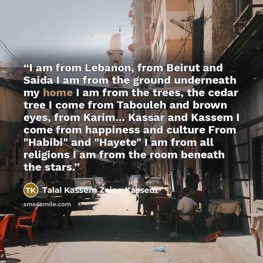 “I am from Lebanon, from Beirut and Saida I am from the ground underneath my home I am from the trees, the cedar tree I come from Tabouleh and brown eyes, from Karim... Kassar and Kassem I come from happiness and culture From "Habibi" and "Hayete" I am from all religions I am from the room beneath…” quote by Talal Kassem Zeina Kassem