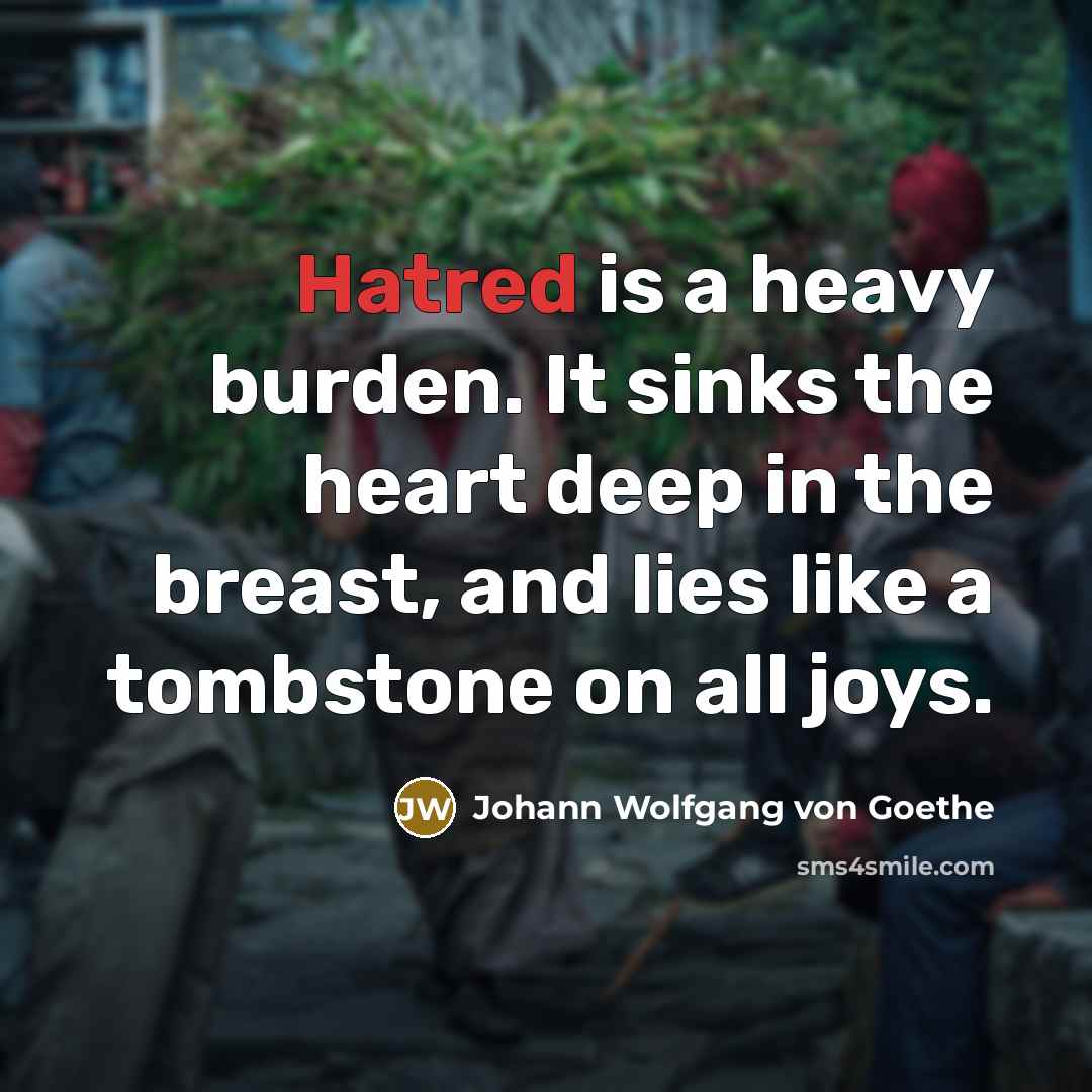 “Hatred is a heavy burden. It sinks the heart deep…” quote by Johann Wolfgang von Goethe