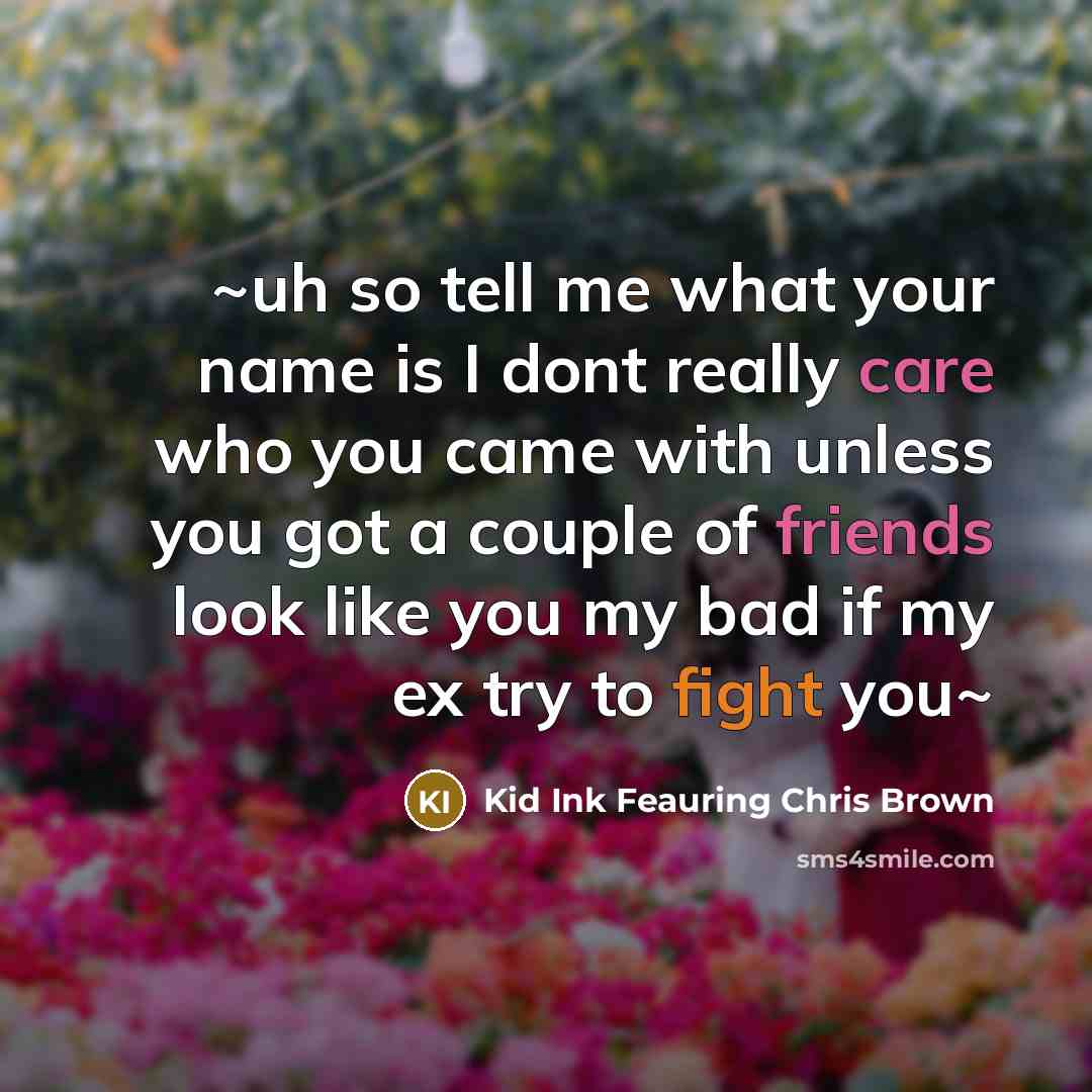 “~uh so tell me what your name is I dont really care who you came with unless you got a couple of friends look like you my bad if my ex try to fight you~” quote by Kid Ink Feauring Chris Brown