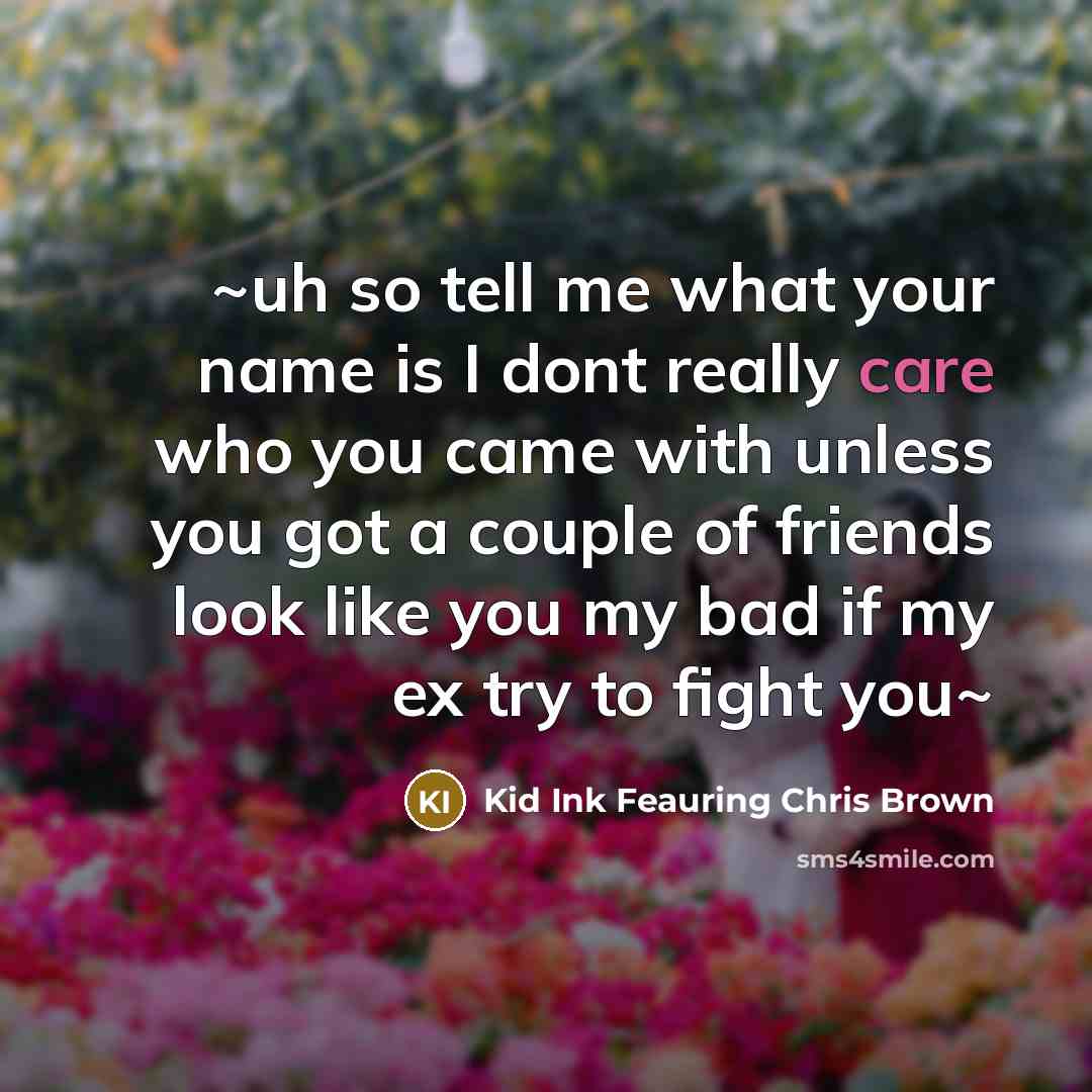 “~uh so tell me what your name is I dont really care who you came with unless you got a couple of friends look like you my bad if my ex try to fight you~” quote by Kid Ink Feauring Chris Brown